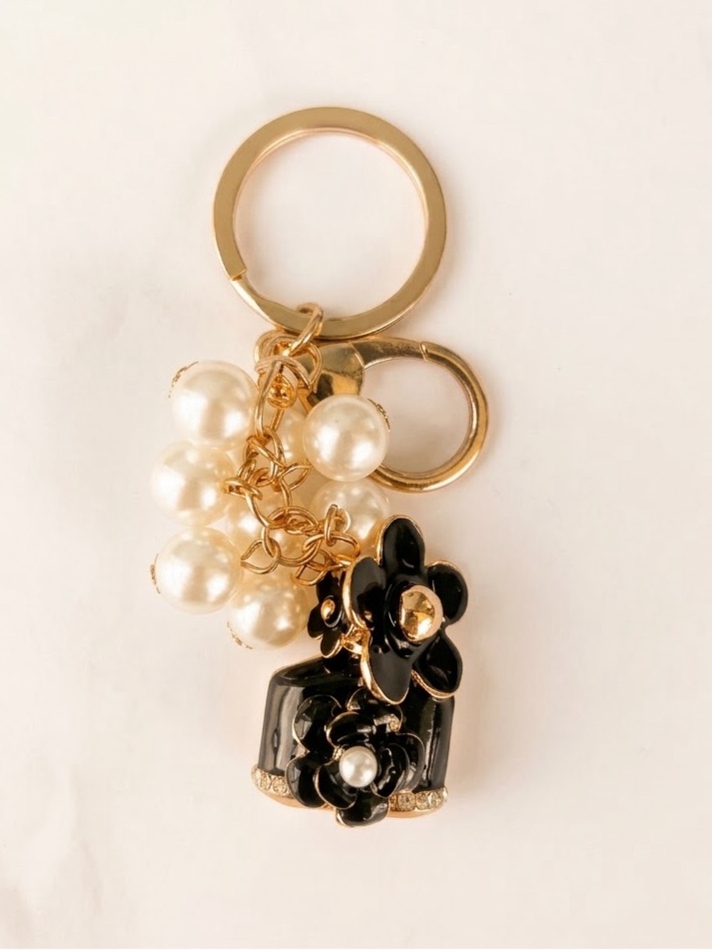 Gold Pearl & Black Flower Keychain Charm